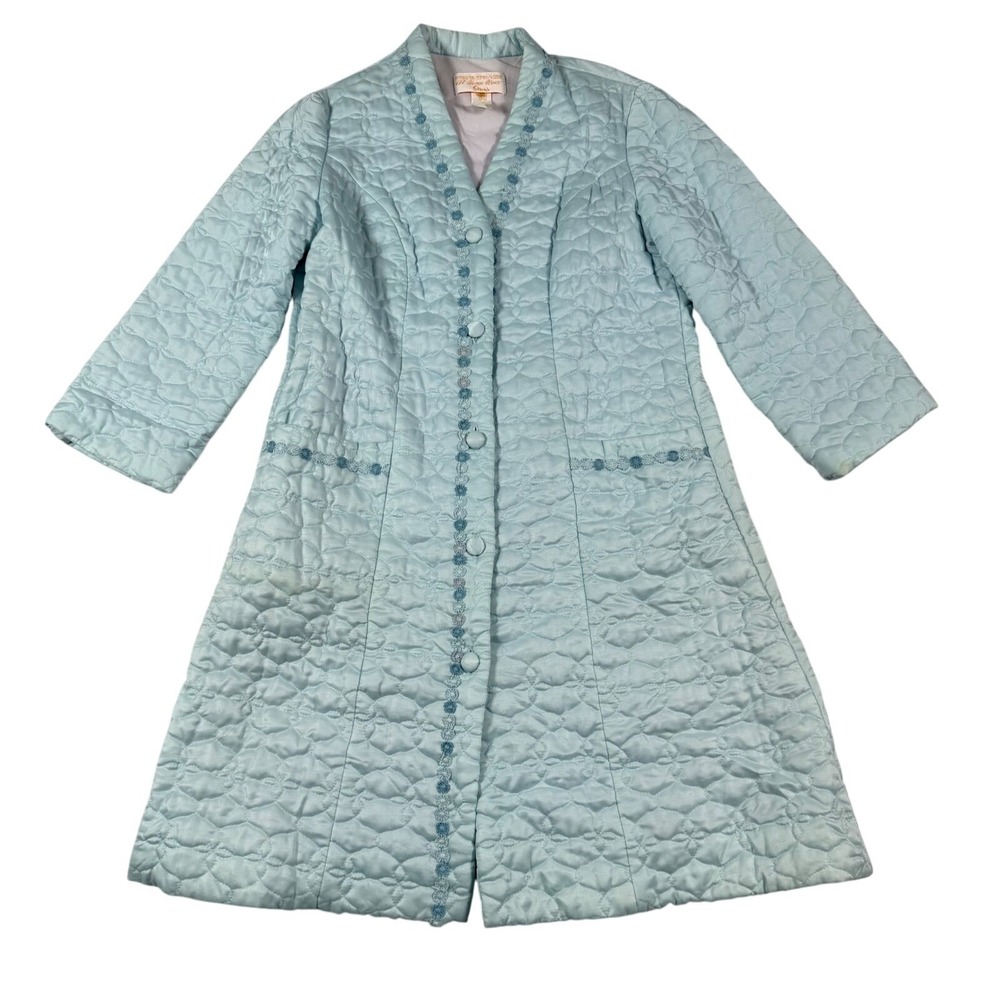 Vintage 70s Sears At Home Wear Quilted Robe Blue Floral Embroidered ILGWU USA 12